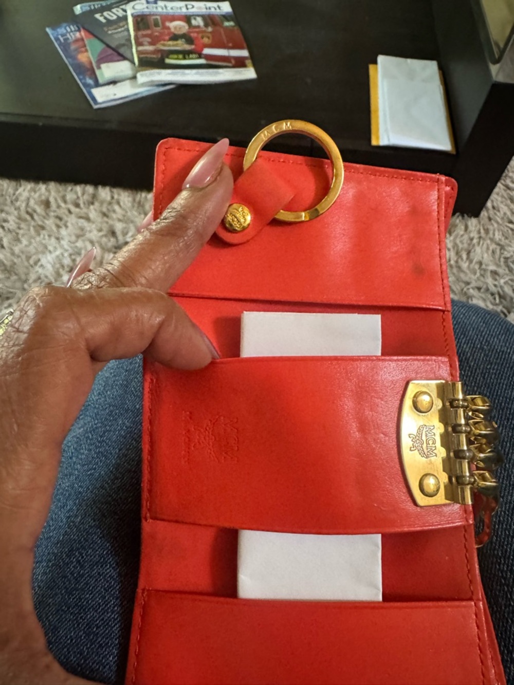 MCM Colorblock Trifold Key Pouch Wallet in Orange, Pink and Cognac/Beige - Picture 8 of 13